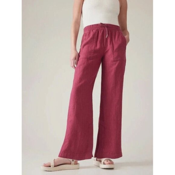 Athleta Retreat Linen Wide Leg Pants Size 12 P Pull On Pockets High Beach Resort - Picture 1 of 12